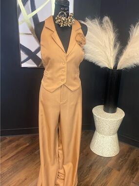 Sleeveless Tailored Vest & Wide-Leg Pantsuit - Camel